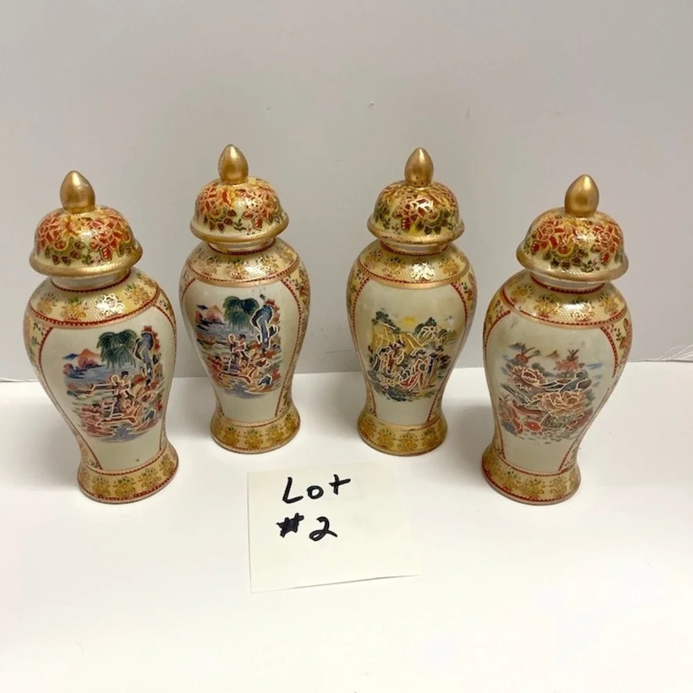 Set of 4 Vintage Mid-Century Satsuma Style Lidded Temple Jars 8 Inches Lot 2